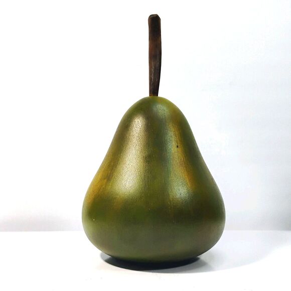 Vtg Hand carved & Painted Pear Wooden Green Fruit & Geometric Base Coaster Set - Picture 2 of 12